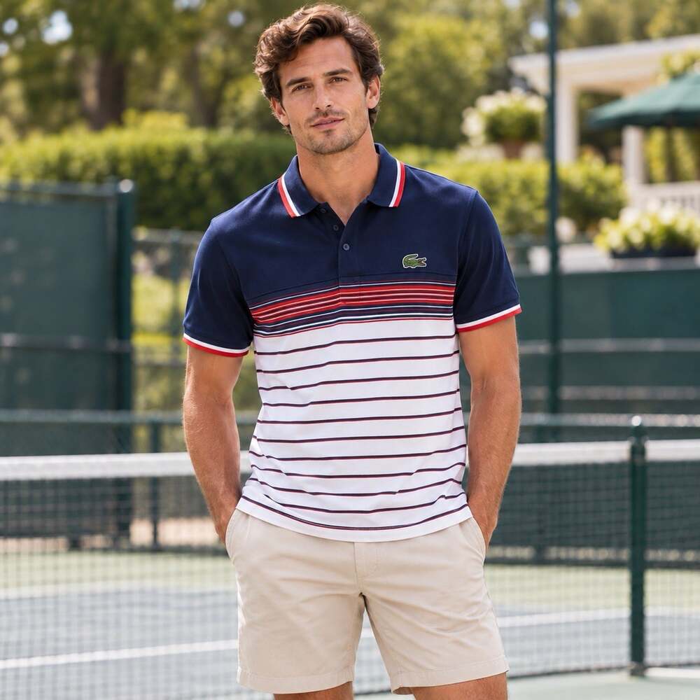 Lacoste Polo Shirt Size 6 Navy White Red Striped Big Croc Logo Short Sleeve NWT